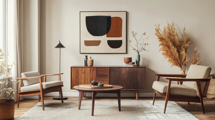 The image depicts a minimalist workspace featuring a wooden desk with tapered legs, Interior of modern dining room with sea view.