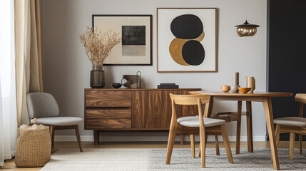 Obraz premium The image depicts a minimalist workspace featuring a wooden desk with tapered legs, Interior of modern dining room with sea view.