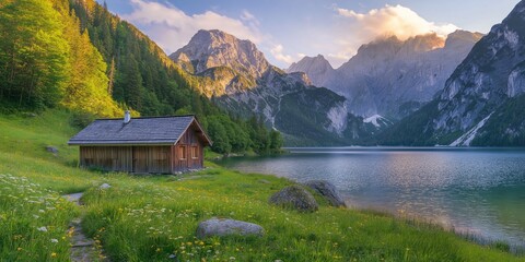 Fototapeta premium A small cabin is nestled in a lush green field next to a lake. The cabin is surrounded by trees and the lake is calm and serene. Concept of peace and tranquility