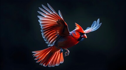 Obraz premium Vibrant Neon Red Cardinal Bird in Mid Flight Against Dark Background