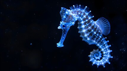 Gracefully Floating Neon Blue Seahorse Illuminated Against a Dark Backdrop