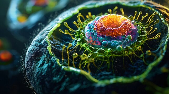 Cross-sectional view of a plant cell showing vacuole and chloroplast. Dark background with vibrant details.
