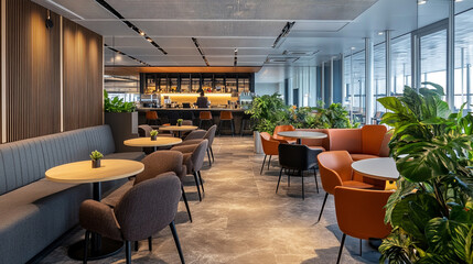 A modern classroom with interactive panels and AI assistants, An office with areas for teamwork.