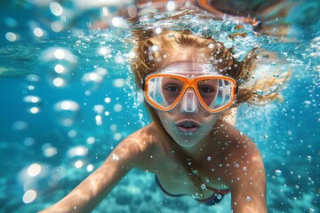 Naklejka premium Underwater Adventure: A Young Swimmer Exploring the Ocean Depths