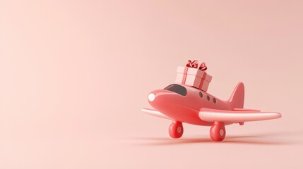 A red toy airplane carries a gift box on a pink background.