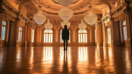 Obraz premium Majestic Palace Hall with Ornate Chandeliers and Silhouetted Figure