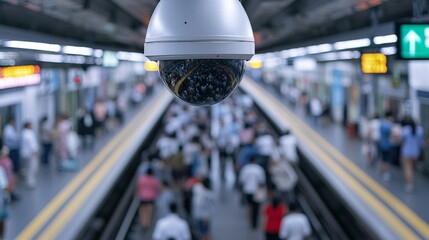 Overhead view of a crowded train station, surveillance cameras monitoring people, focus on public security and control systems