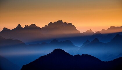 Obraz premium Serene Mountain Vista at Dawn, Silhouette of mountains
