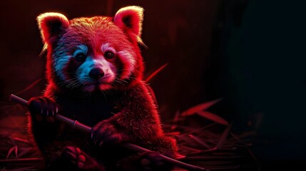 Glowing Red Panda Sitting With Bamboo Stick in Neon Darkness