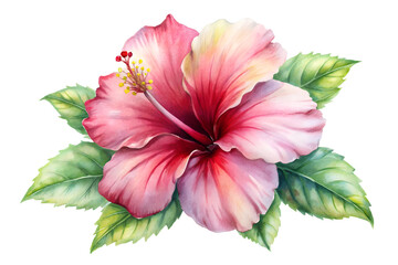 Watercolor pink hibiscus flower with green leaves