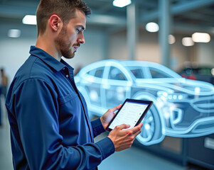 a mechanical engineer with a tablet in his hands diagnoses and constructs a hologram of an electric car in a workshop laboratory