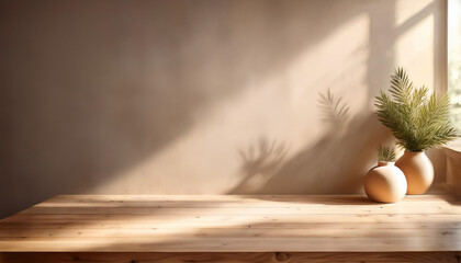 abstract gentle light beige background for product presentation with light and intricate shadow from the window and vegetation on the wall