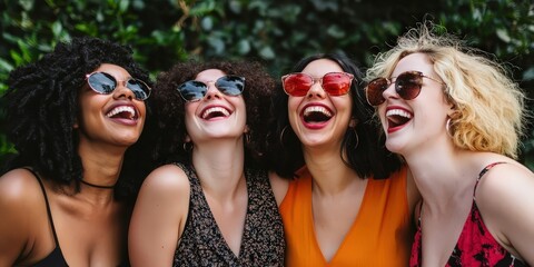 Four women wearing sunglasses and smiling brightly.
