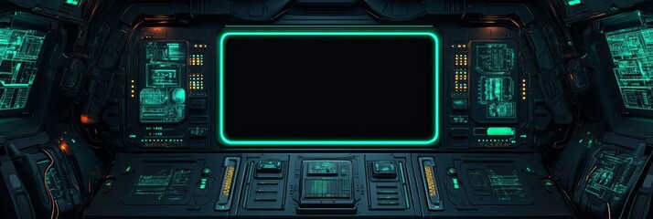 Fototapeta premium This futuristic control panel has an advanced holographic monitor, offering a unique techno aesthetic perfect for immersive gaming streams and innovative digital interfaces to enhance user experience