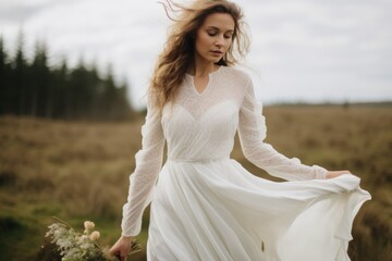 A sustainable long-sleeve white wedding dress made from eco-friendly materials and ethical production practices