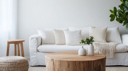 Beige classic sofa and armchair near brass metal, Modern Minimalist Bright Living Room with Natural Light.