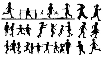 Children playing different games in the playground, vector silhouette collection of kids' various activities, hobbies, and sports, fun outdoor games for kids, children's recreational activities,