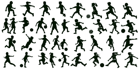 Children playing soccer vector silhouettes, boys soccer players silhouette, young soccer players playing with ball silhouette, boys playing soccer or football together, soccer practice silhouettes