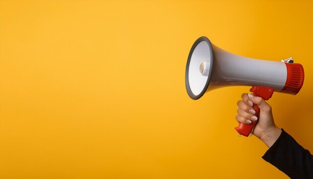 Une main tenant un m&eacute;gaphone annonce des soldes et des remises, sur un fond vif