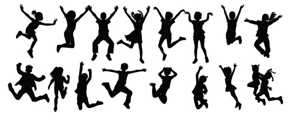 
Collection of vector silhouettes of jumping boys and girls, group of teenage children, energetic youth in action, playful teens leaping, dynamic adolescent jumpers, vibrant youth silhouettes,