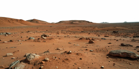 A vast,barren desert landscape stretches out with reddish soil and scattered rocks on a transparent background.Distant hills gently rise above the flat terrain,adding to the sense of isolation.AI gene