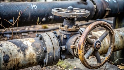Old rusty industrial pipeline with a valve is waiting for repair