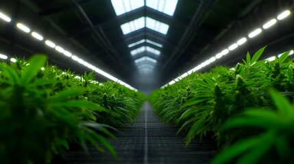 Expansive Cannabis Greenhouse with Lush Foliage and Natural Light Streaming Through Industrial-Chic Architecture