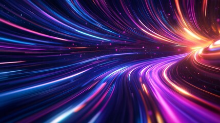 A vibrant background with colorful beams of light. Neon lines swirl in shades of purple, violet, and blue.