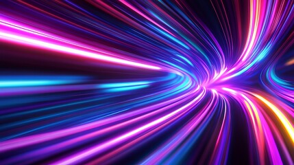 A vibrant background with colorful beams of light. Neon lines swirl in shades of purple, violet, and blue.