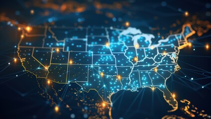 Digital map of the United States with glowing city lights and data connections, symbolizing national digitalization and innovation in technology and online business