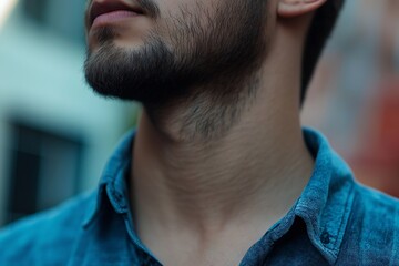 Fototapeta premium Portrait of a man with a beard wearing a denim shirt, focusing on the texture and details of both hair and fabric.
