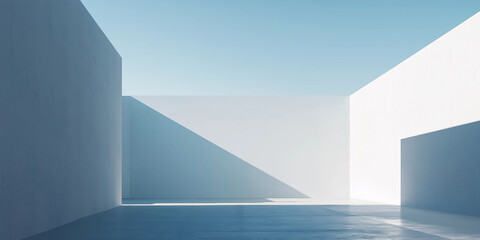 Obraz premium A minimalistic courtyard surrounded by high walls and illuminated by sharp shadows, highlighting the simplicity and starkness of architecture.