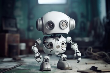 Adorable robot standing in workshop setting, small humanoid machine with big eyes, futuristic technology, artificial intelligence concept