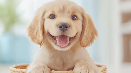 Cute playful puppy in a basket, cute, pet, high quality, realistic, photo.