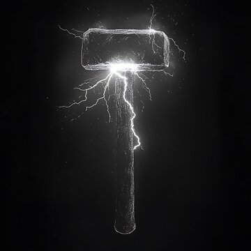 A glowing hammer with lightning bolts emanating from it against a black background.