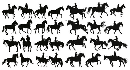 Horse silhouette vector set, isolated on white background, equestrian sport, jumping, trotting, rearing horse, side view, running horse silhouettes, equestrian jumping poses, horse vector art.