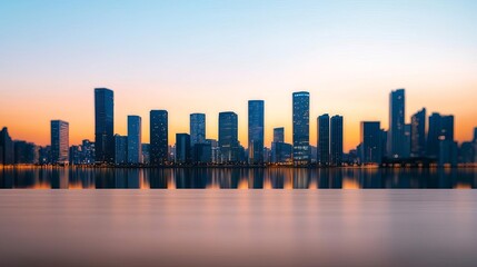 Fototapeta premium City skyline at dusk with glowing skyscrapers reflecting on a calm river, urban glowtime, serene and modern