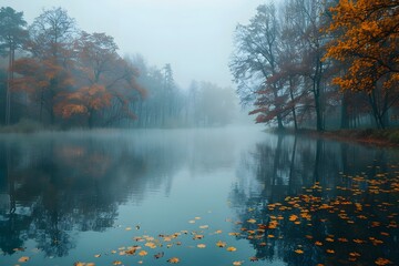 Naklejka premium Tranquil Autumn Reflections in a Misty Lake