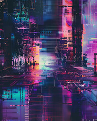 A vibrant, futuristic cityscape with grid pattern, showcasing blend of neon colors and intricate details. digital landscape evokes sense of wonder and exploration