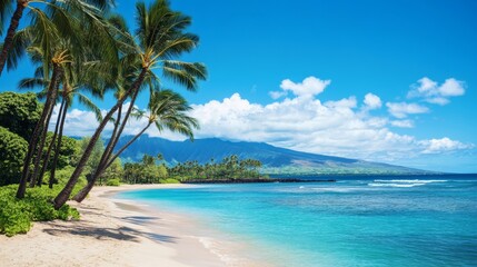 Palm trees lining a Hawaiian beach with turquoise waters in the background