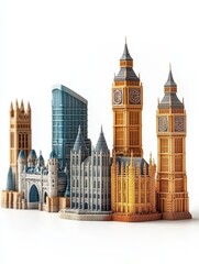 Colorful architectural models of famous landmarks showcasing cultural diversity and artistic design in a vibrant display, white background
