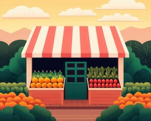 Small farm stand, fresh seasonal produce, flat design illustration