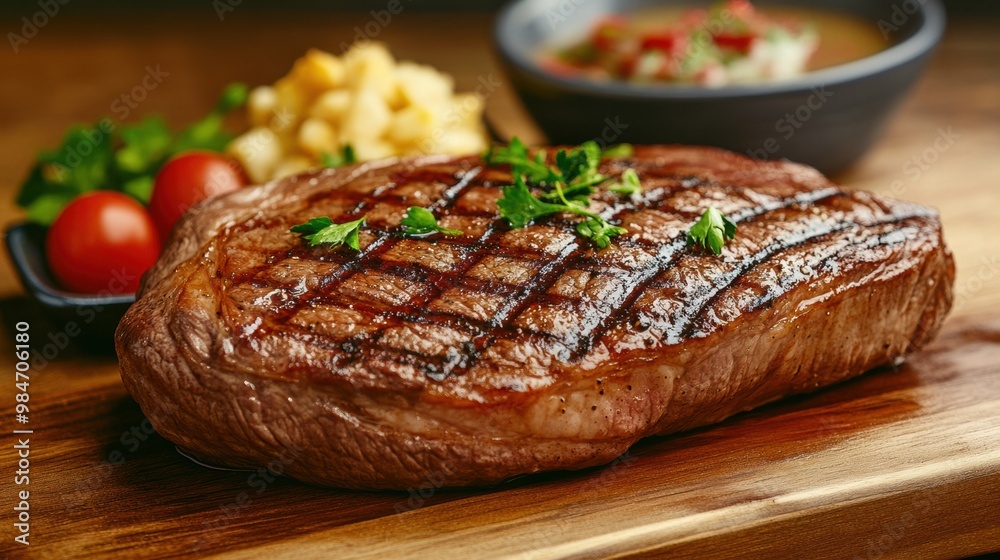 Canvas Prints A steak is on a cutting board with vegetables and tomatoes, AI