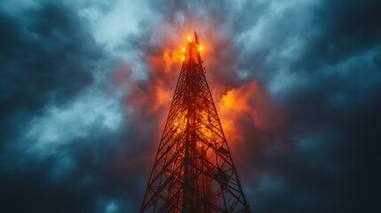 A tall metal tower with lights on against a stormy sky.