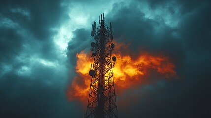 Tall telecommunication tower silhouetted against an ominous and dramatic stormy sky with red and blue clouds.