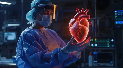 Surgeon Holding Holographic Heart with Floating Patient Data Displays in Futuristic Operating Room
