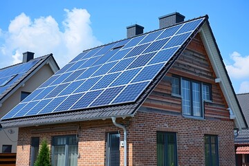 Fototapeta premium Modern Home with Solar Panels Under a Clear Blue Sky