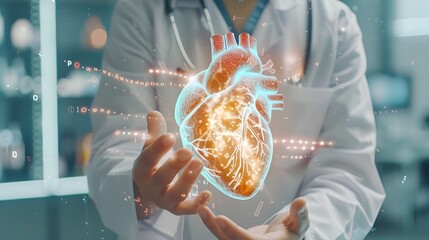 Healthcare Professional Holding Holographic Heart with Real time Diagnostic Analytics