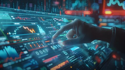 Business Executive Using Holographic Interface for Analyzing Real Time Market Data and Financial Graphs