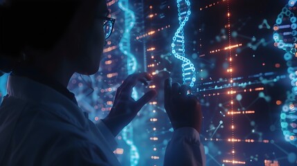 Scientist Manipulating Holographic DNA Sequence Interface with Genetic Information and Molecular Structures